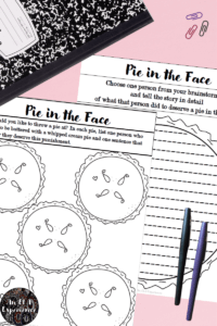 An example of a pie-in-the-face personal narrative prewriting activity is displayed with office supplies.