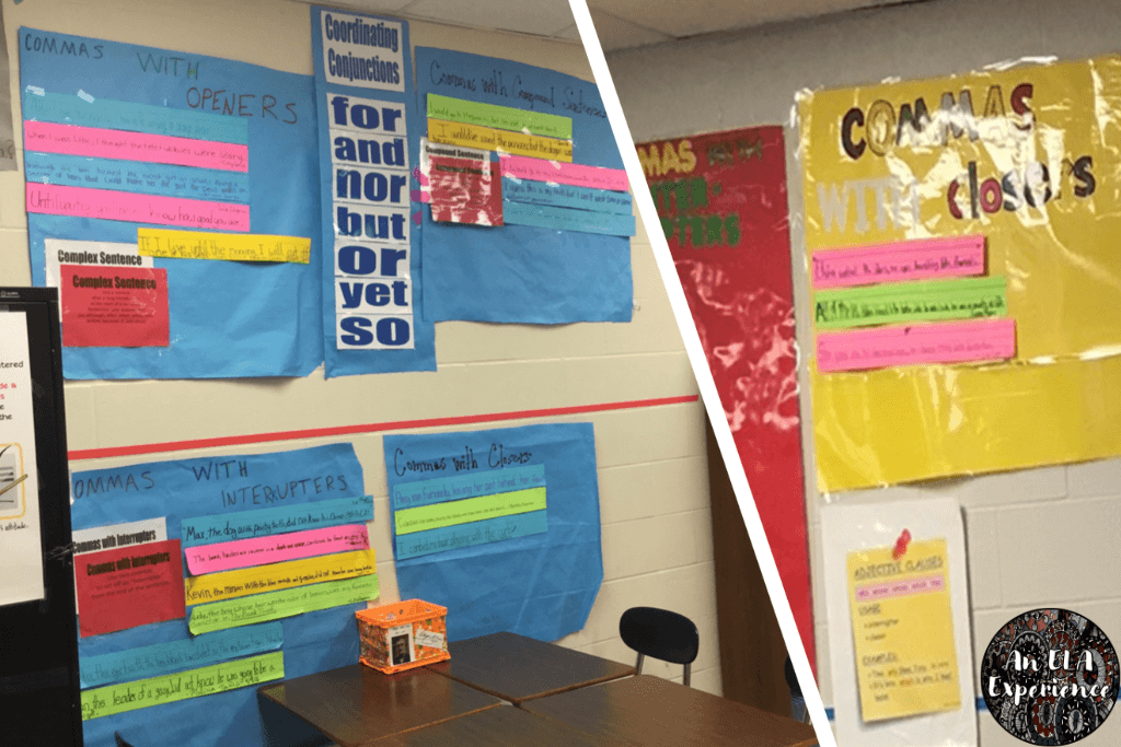 Comma rule anchor charts hung on classroom walls