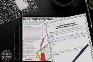 Freytag's Pyramid is displayed along with a drafting sheet for personal narratives.