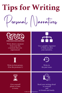 An infographic with personal narrative writing tips for students is pictured.