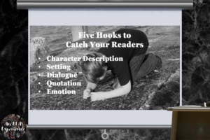 "Five Hooks to Catch Your Readers" is typed on top of a boy baiting his hook.