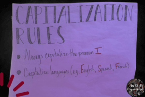 An anchor chart with capitalization rules students make is pictured.