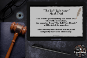 An introductory slide introducing "The Tell-Tale Heart" assignment is pictured on top of a black desk with a gavel.