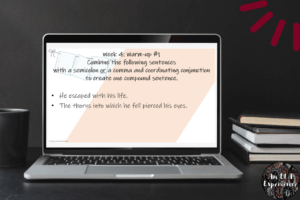 A warm-up for compound sentences is pictured on a laptop.