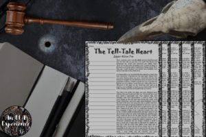 A copy of "The Tell-Tale Heart" is pictured on top of a black desk with a fake raven skull and a blue eye.