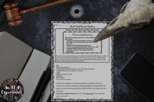 A script outline for the prosecuting attorney is pictured her with another raven and blue eye.
