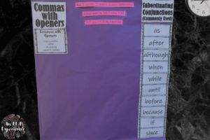 A picture of an anchor chart for commas with openers is displayed with the aaaawwubbis.