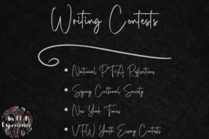 A list of writing contests for students is noted on a chalkboard.