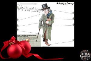 A handout for a Scrooge character analysis is pictured.