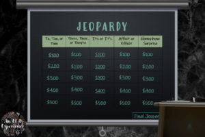 Categories to a homophone jeopardy game are pictured.