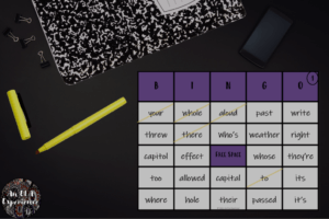 A homophone bingo card is pictured as an example of an activity for homophones.