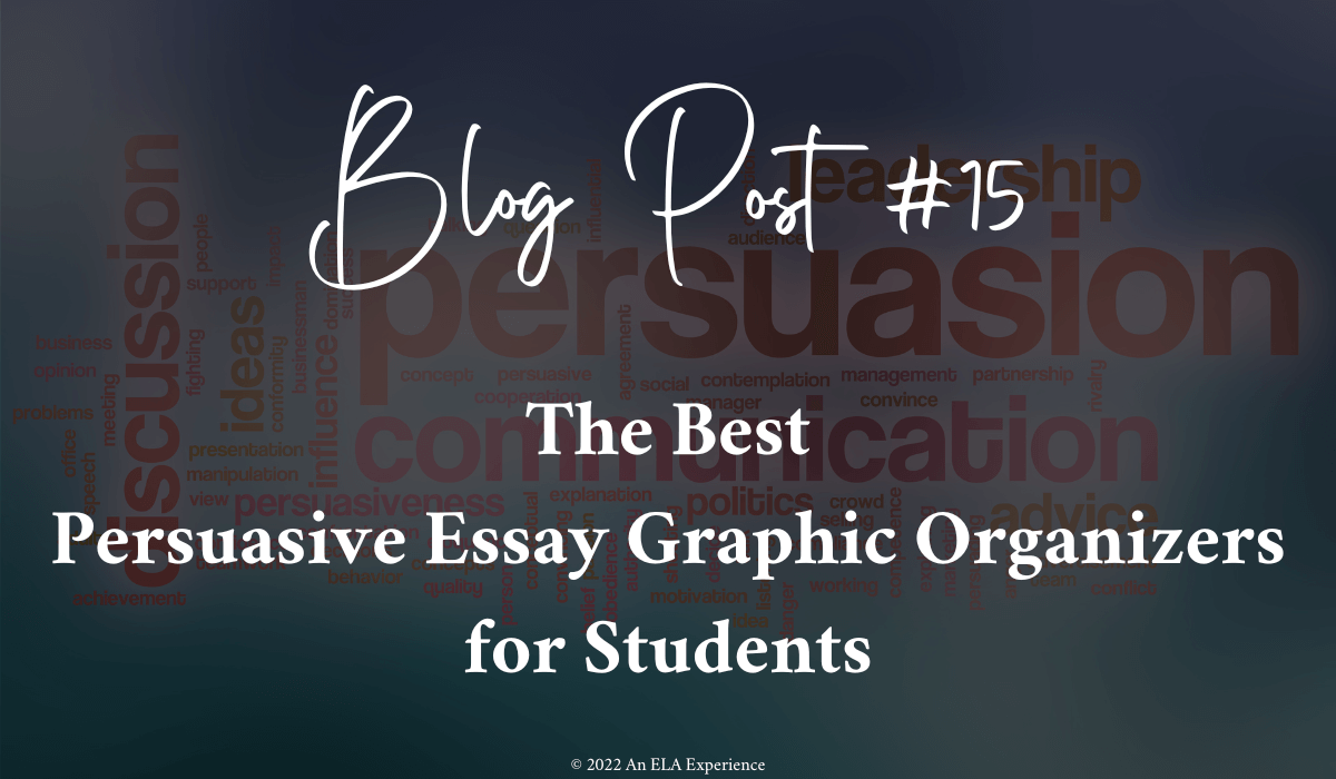 "Blog Post #15: The Best Persuasive Essay Graphic Organizers for Students" is typed on top of a persuasive word cloud.