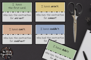 A printable apostrophe game to review contractions is pictured here.