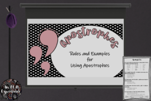 An introductory slide and handout for apostrophe rules is displayed.