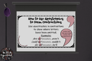 A slide explaining how to use an apostrophe to create a contraction is pictured.