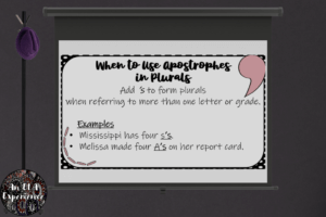 A slide explaining when to use apostrophes for plurals is displayed.