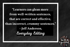 A quote from an English teacher book by Jeff Anderson is typed on a black background.