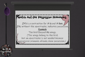 This slide explains the contraction it's and the possessive pronoun its.