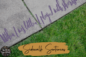 A picture of a sidewalk with a complex sentence written on it is shown to demonstrate sidewalk sentences, an end-of-the-year English activity.