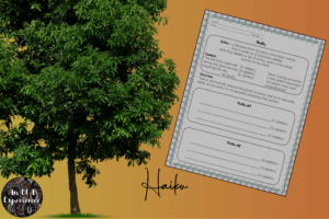 A tree and haiku handout are pictured to illustrate an end-of-the-year ELA activity that asks students to write haiku outdoors.