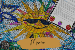 A mosaic of the sun and a handout with directions for creating a paper mosaic are pictured for this end-of-school-year English activity.