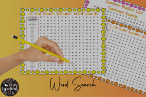 3 summer word search puzzles are pictured as an example of an end-of-the-year ELA activity.