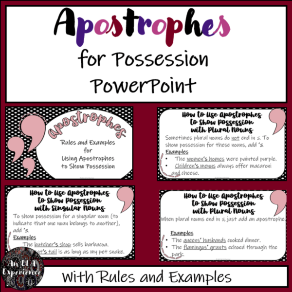 This image displays four slides with rules and examples for using apostrophes to show possession.