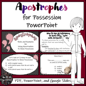 The cover of "Apostrophes for Possession PowerPoint" is displayed with four slides from the resource.