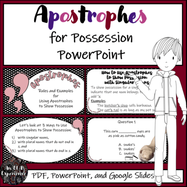 The cover of "Apostrophes for Possession PowerPoint" is displayed with four slides from the resource.