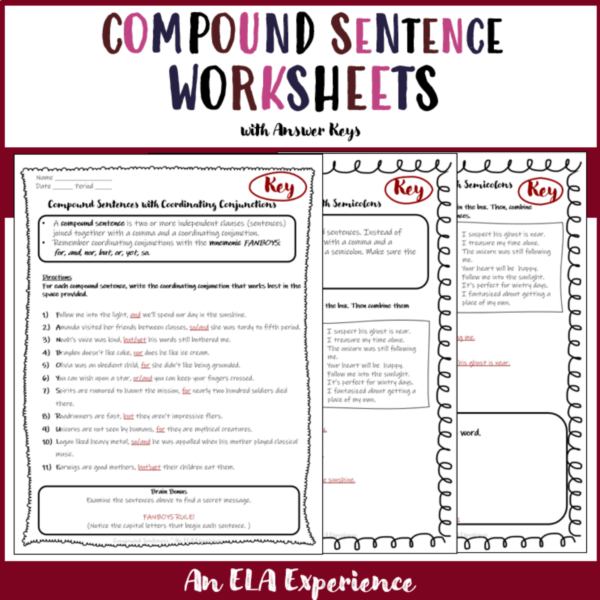 Keys to the compound sentence worksheets are pictured.