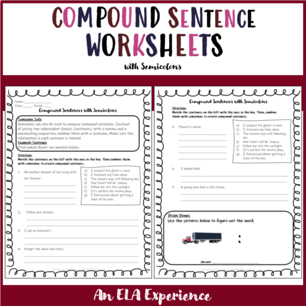 A two-page compound sentence worksheet for semicolon practice is pictured.