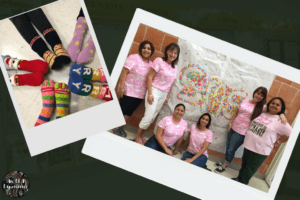Picture of ELA teachers dressed up in crazy socks and pink camo tees for Red Ribbon Week.