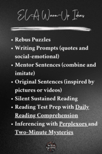 The discussed ELA warm-up activities are listed on this image.