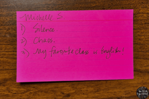 An example of the index card warm-up is pictured.