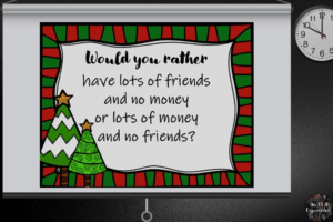 A slide with a discussion warm-up is pictured: Would you rather have lots of friends and no money or lots of money and no friends? 