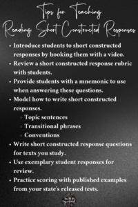 Tips for teaching reading short constructed responses are listed.