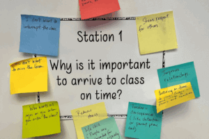 An example of a sticky note station for the Jr high classroom rule lesson.