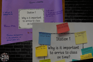 Examples of butcher paper and sticky note stations for the Jr high classroom rules lesson.