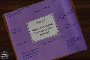 An example of a butcher paper station that asks why it's important to arrive to class on time.