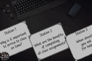 3 questions for stations for the Jr high classroom rules lesson plan are pictured on a desk.