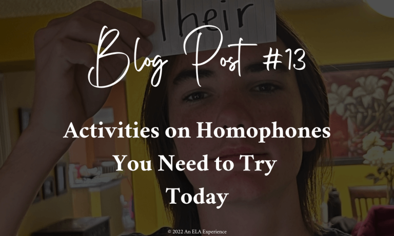 "Blog Post 13: Activities on Homophones You Need to Try Today" is typed on top of an image of a teenage boy holding a homophone card to his forehead.